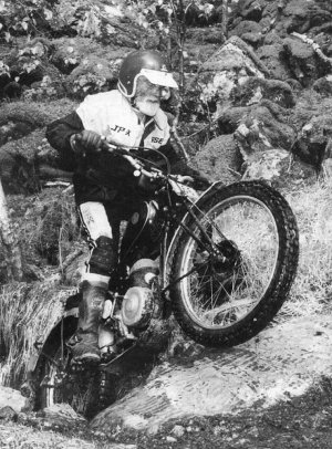 Bill Buskell in 1997 riding his rigid Francis-Barnett 150cc, Pre-65 Scottish Trials by Mary Wylde